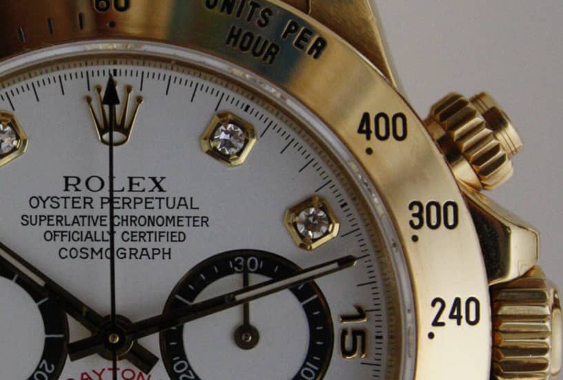 Macro dial detail of Rolex Daytona chronograph