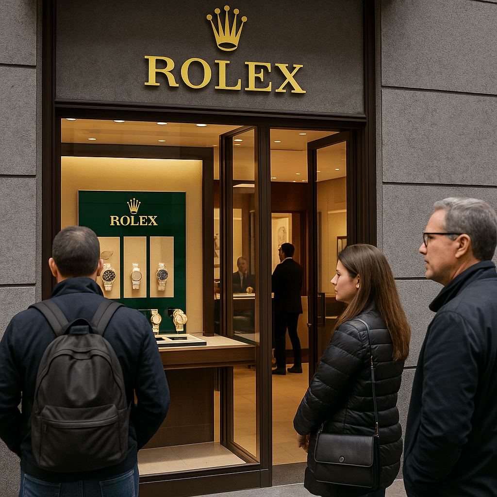 Rolex boutique exterior with people waiting outside, symbolizing high demand.