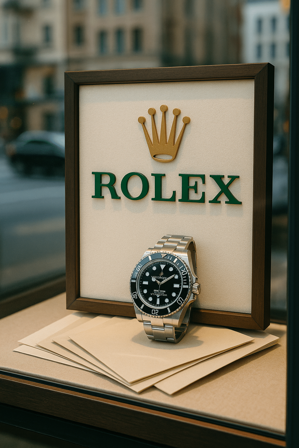 Close-up of a stainless-steel Rolex Submariner displayed in store window.