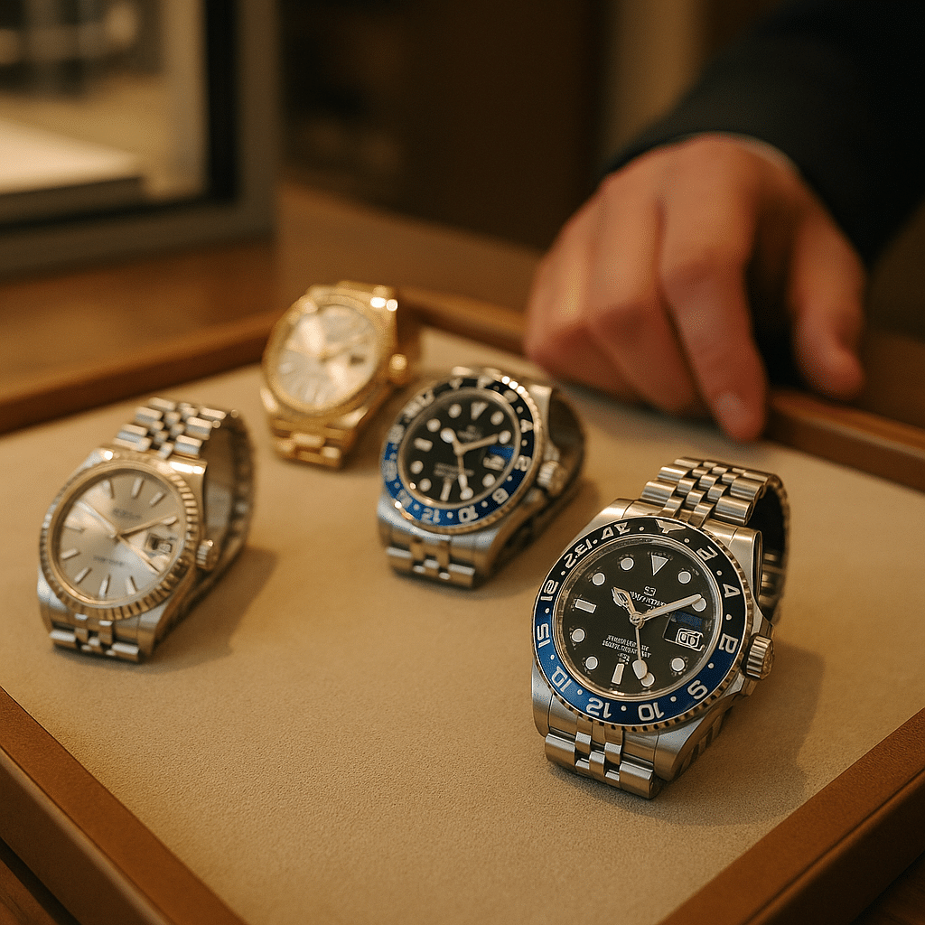 Rolex Datejust with silver dial placed over a performance breakdown chart.