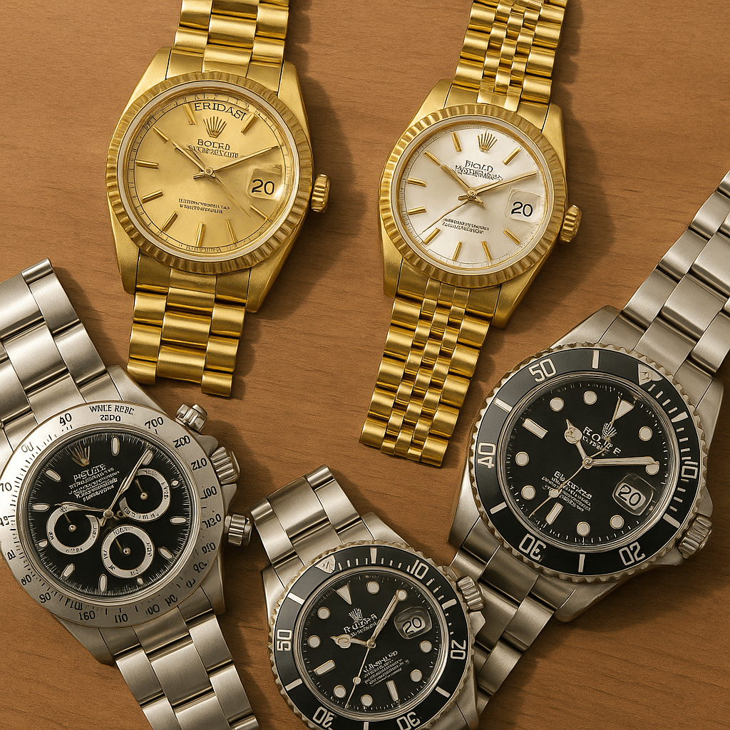 Hand holding two Rolex watches side by side: a steel GMT/Datejust and a yellow-gold Day-Date.