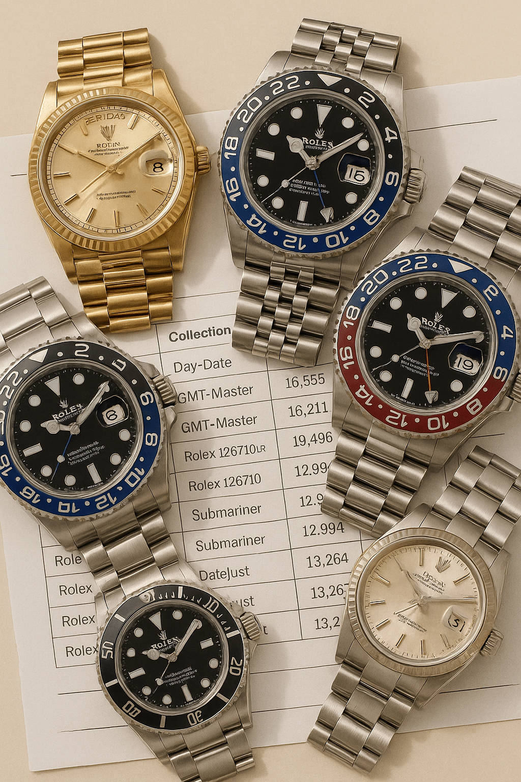 Several Rolex watches displayed on a desk next to a printed market timeline document.