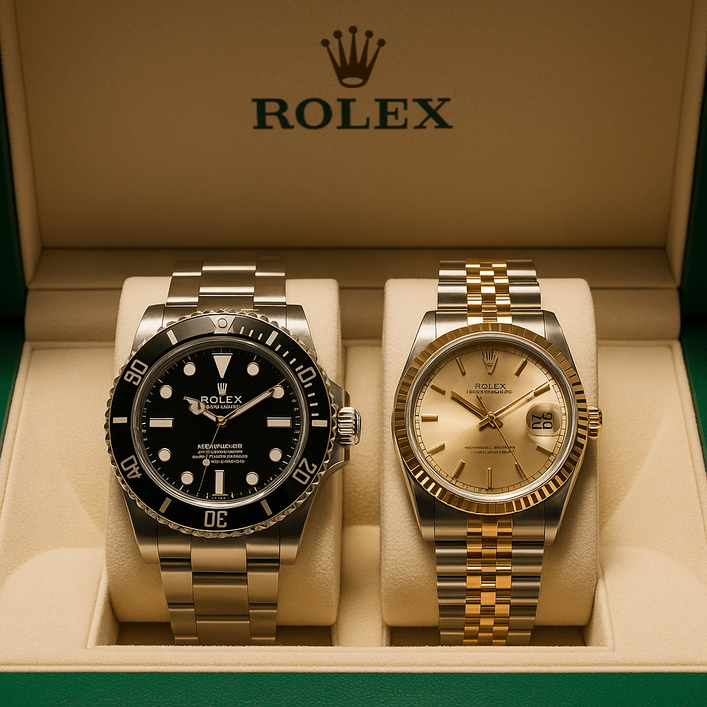 Two Rolex watches, Submariner and Datejust, displayed in a boutique setting under warm lighting