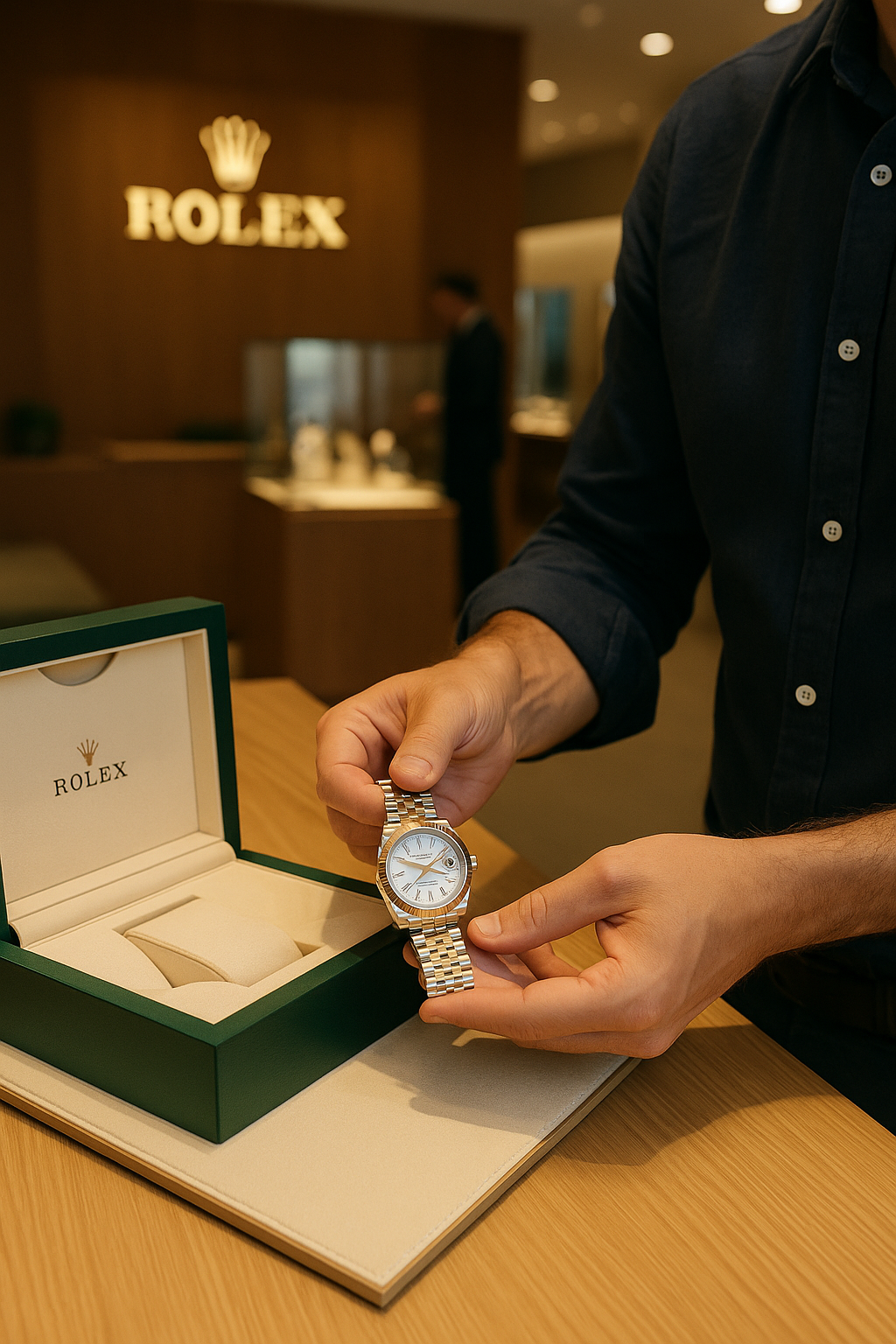A man holds a Rolex Datejust in a green presentation box under warm boutique lighting