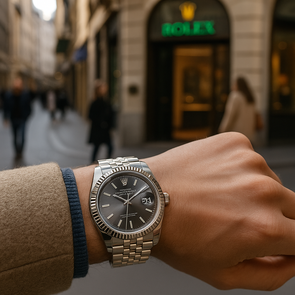 Rolex Datejust 41 worn on wrist outdoors, showcasing fluted bezel and Jubilee bracelet in natural light