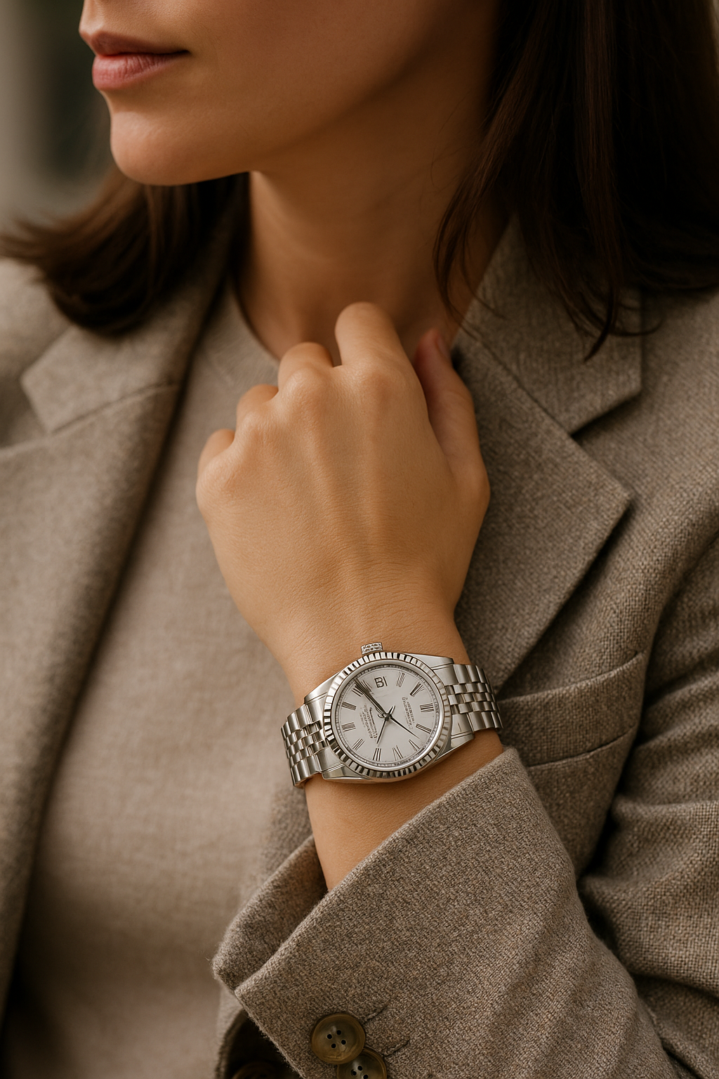 Woman wearing a Rolex Datejust with fluted bezel and Jubilee bracelet, representing the modern cross-gender appeal of the model