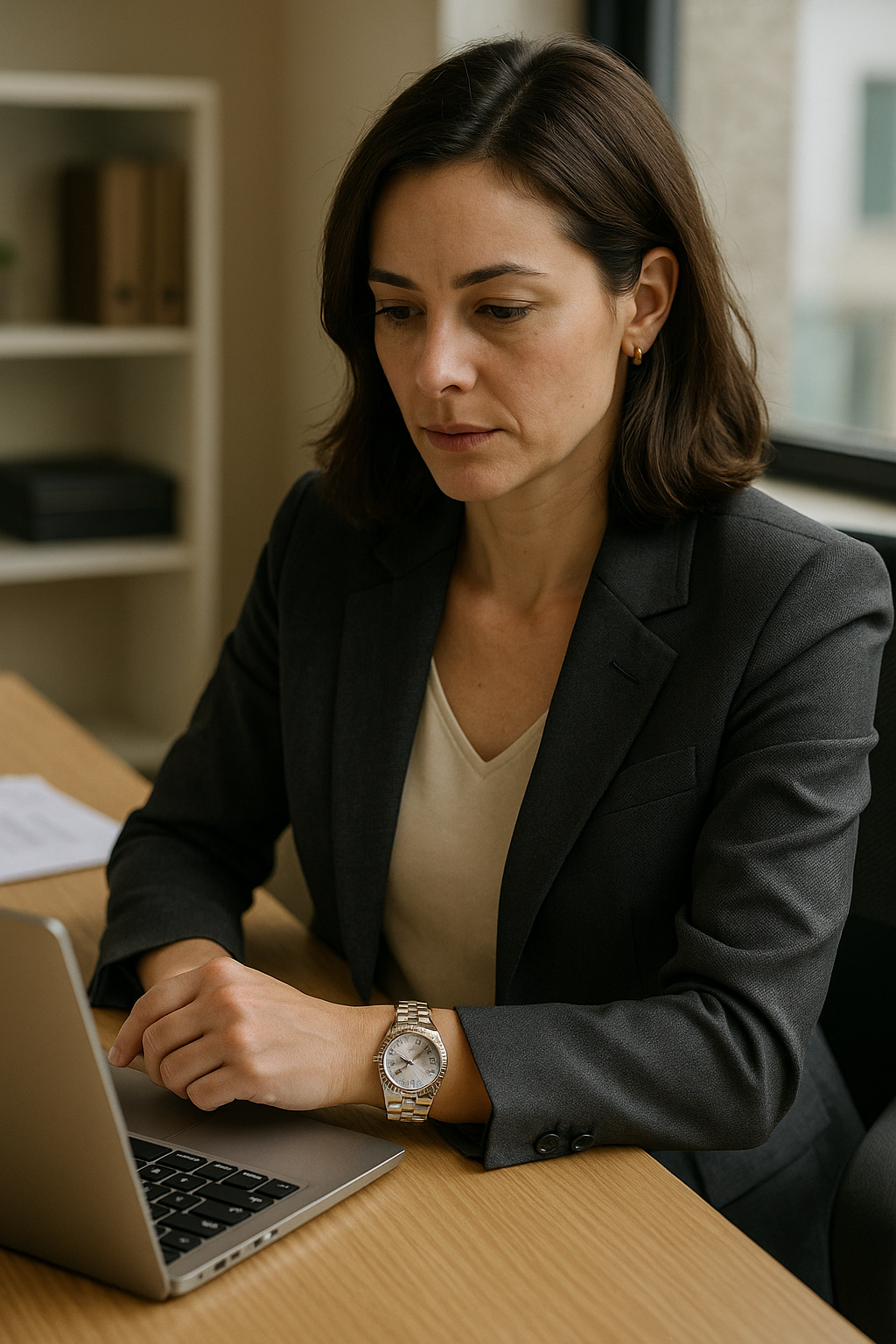Woman working at a desk wearing a Rolex Datejust, illustrating real-world comfort and elegance in professional settings