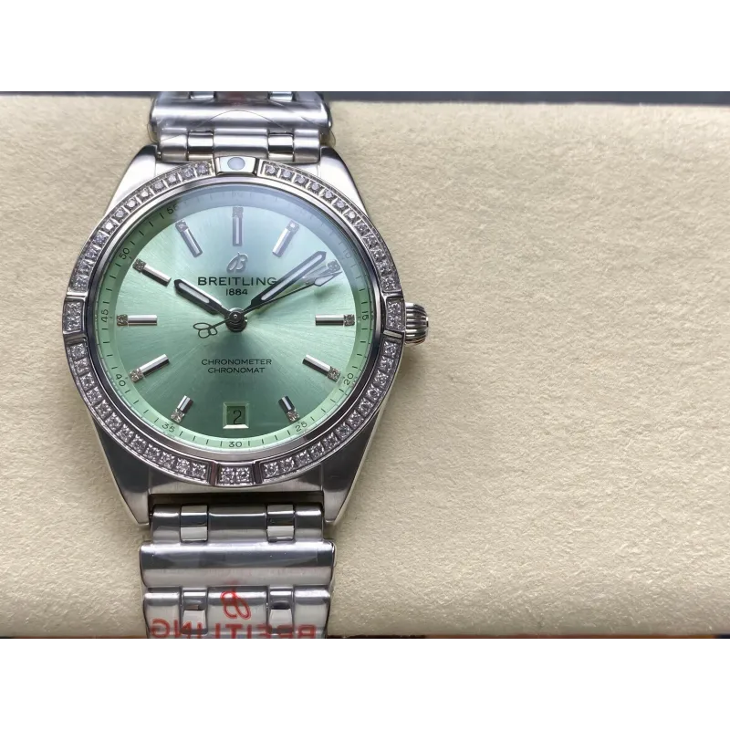 Breitling Chronomat Women's A10380591L1A1 Replica - Mint Green Dial Fluted Bezel