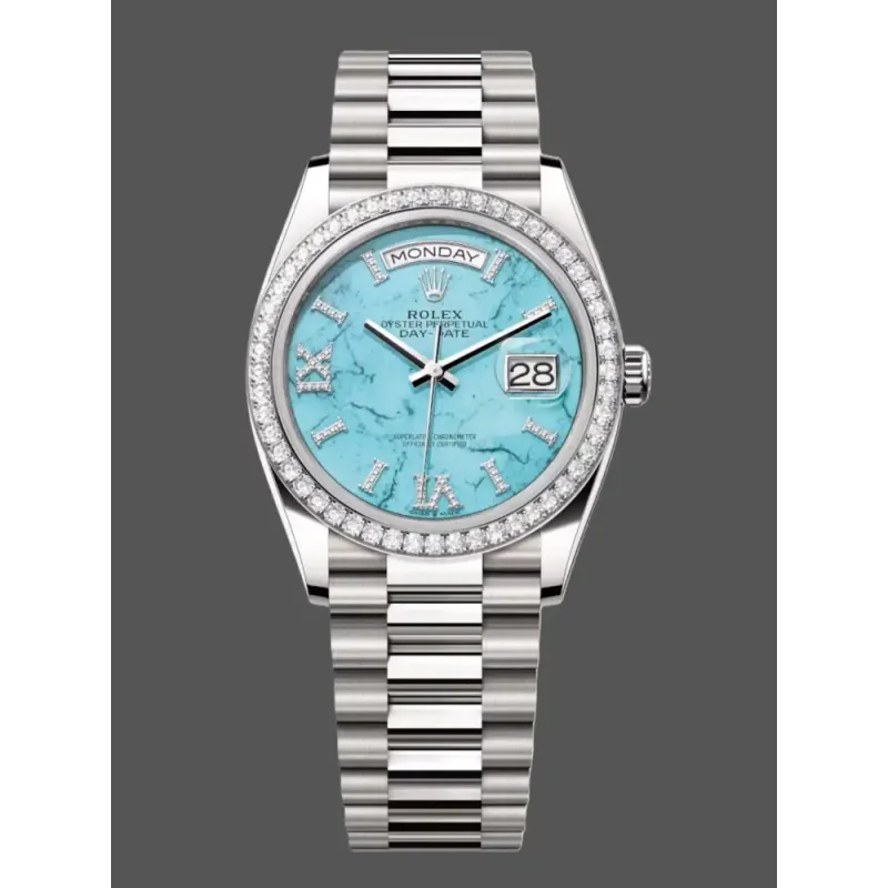 Rolex Day-Date 36 Unisex 128349RBR Replica - Turquoise Dial Diamond Bezel