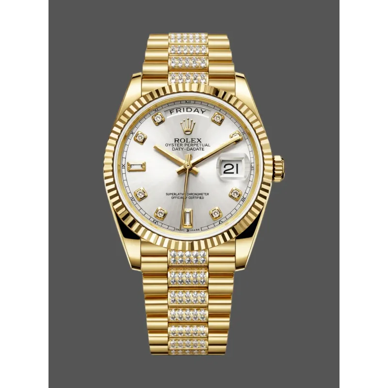 Rolex Day-Date 36 Unisex 128238 Replica - Silver Dial Fluted Bezel