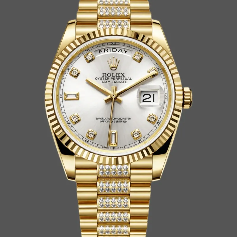 Rolex Day-Date 36 Unisex 128238 Replica - Silver Dial Fluted Bezel
