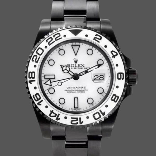 Super Clone Men's Rolex GMT-Master II Black PVD/DLC Coated with White Dial Stainless Steel White Dial