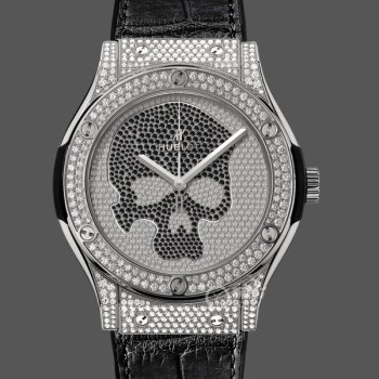 Super Clone Men's Hublot Classic Fusion Skull Titanium Full Pave 511.NX.9000.LR.1704.SKULL 45mm Black / Diamonds