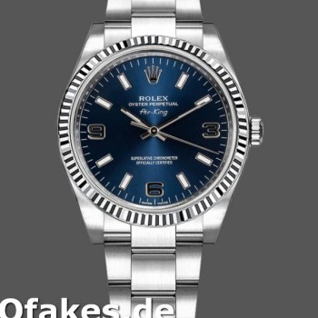Super Clone Unisex's Rolex Oyster Perpetual Air-King 34mm Unisex-114234-Blue Dial-Fluted White Gold Bezel Blue