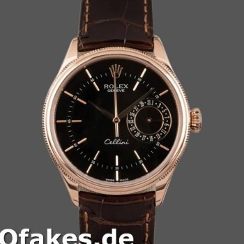 Super Clone Men's Rolex Cellini Date 39mm Men's-50515-Brown Leather-Black Index Dial Black