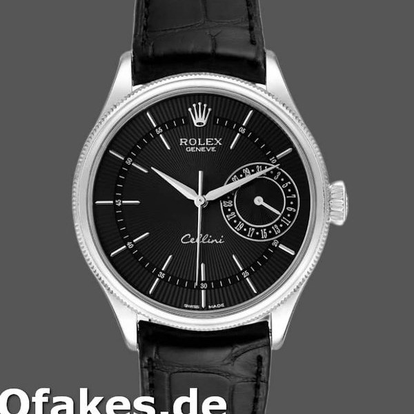 Super Clone Men's Rolex Cellini Date 39mm Men's-50519-Black Leather-Black Dial Black