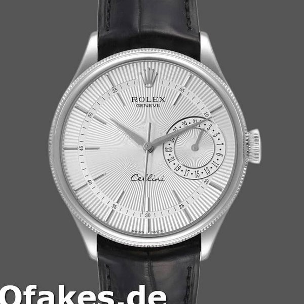 Super Clone Men's Rolex Cellini Date 39mm Men's-50519-Black Leather-Silver Dial Silver
