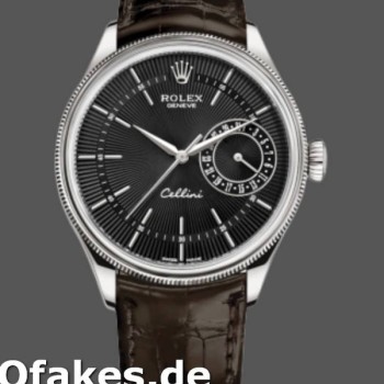 Super Clone Men's Rolex Cellini Date 39mm Men's-50519-Brown Leather-Black Dial Black<br />