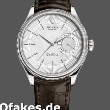 Super Clone Men's Rolex Cellini Date 39mm Men's-50519-Brown Leather-Silver Dial Silver