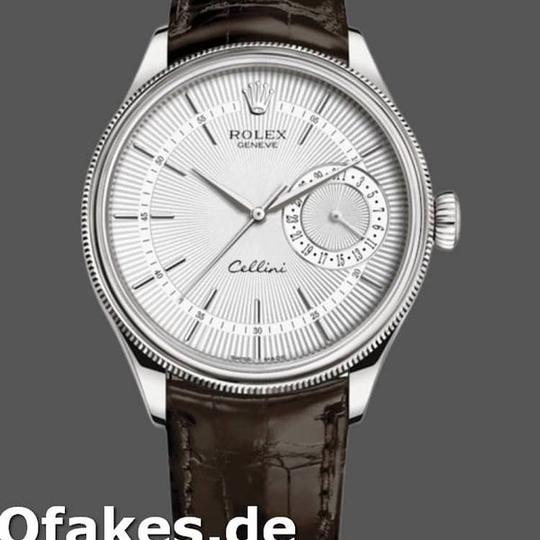 Super Clone Men's Rolex Cellini Date 39mm Men's-50519-Brown Leather-Silver Dial Silver