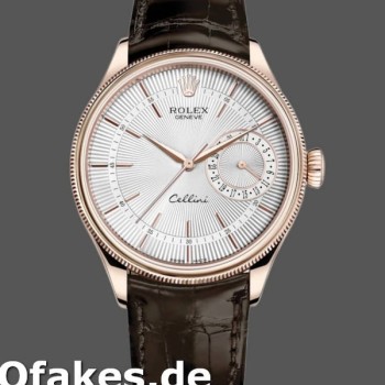 Super Clone Men's Rolex Cellini Date 39mm Men's-50515-Rose Gold-Silver-Crocodile Leather Strap White