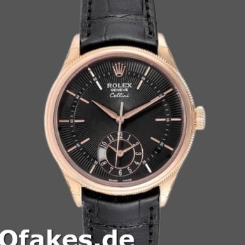 Super Clone Men's Rolex Cellini Dual Time 39mm Men's-50525-Black Dial-Black Leather Strap Black