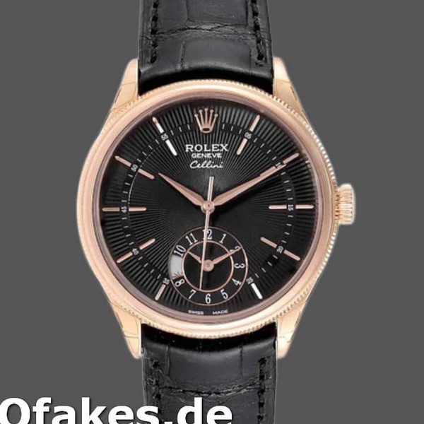 Super Clone Men's Rolex Cellini Dual Time 39mm Men's-50525-Black Dial-Black Leather Strap Black