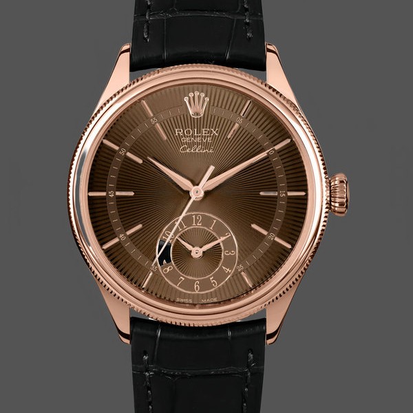 Super Clone Men's Rolex Cellini Dual Time 39mm Men's-50525-Brown Guilloche Dial-Black Leather Strap Brown