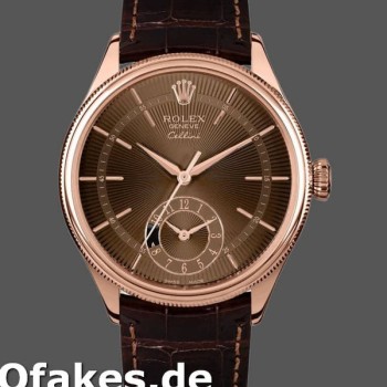 Super Clone Men's Rolex Cellini Dual Time 39mm Men's-50525-Brown Guilloche Dial-Brown Leather Strap Brown