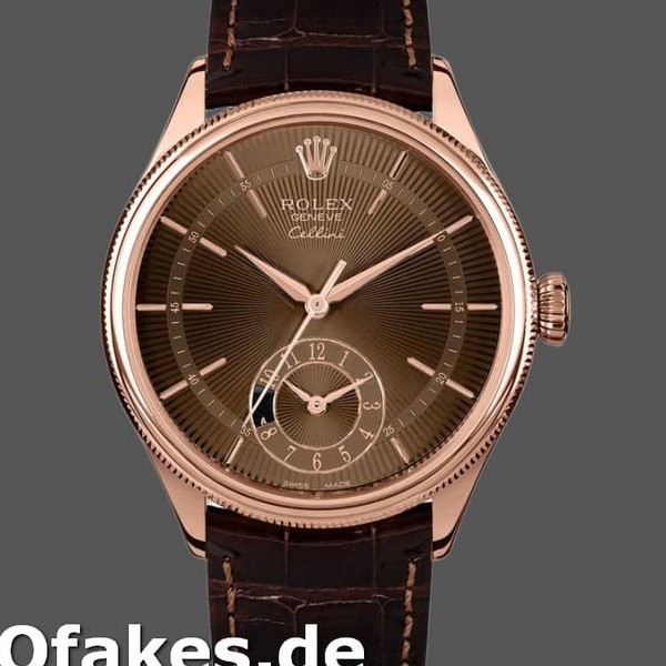 Super Clone Men's Rolex Cellini Dual Time 39mm Men's-50525-Brown Guilloche Dial-Brown Leather Strap Brown