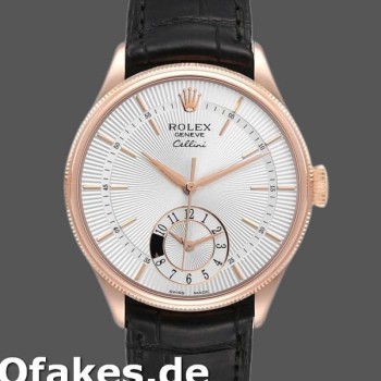 Super Clone Men's Rolex Cellini Dual Time 39mm Men's-50525-Silver Dial-Black Leather Strap Silver