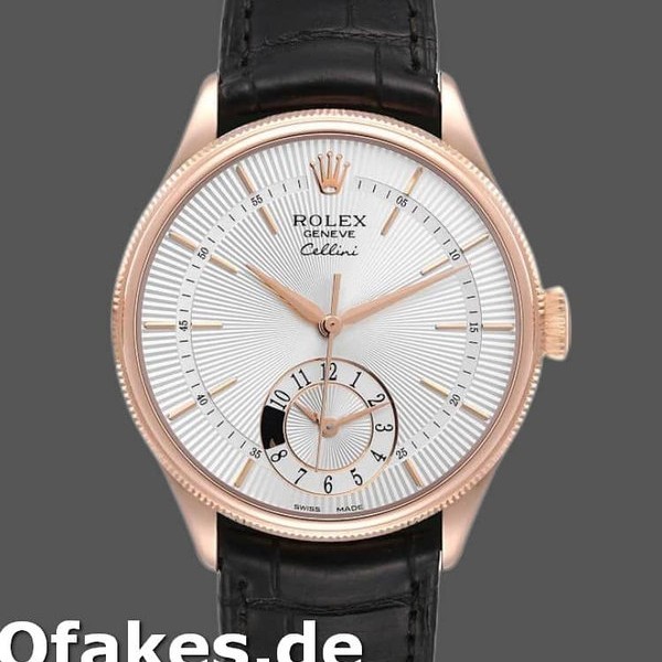 Super Clone Men's Rolex Cellini Dual Time 39mm Men's-50525-Silver Dial-Black Leather Strap Silver