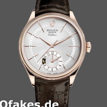 Super Clone Men's Rolex Cellini Dual Time 39mm Men's-50525-Silver Dial-Brown Leather Strap Silver