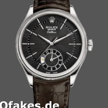 Super Clone Men's Rolex Cellini Dual Time 39mm Men's-50529-Black Dial-Brown Leather Strap Black