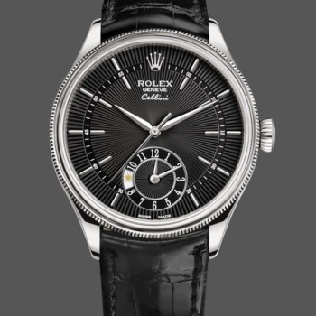 Super Clone Men's Rolex Cellini Dual Time 39mm Men's-50529-Black Dial-White Gold Black