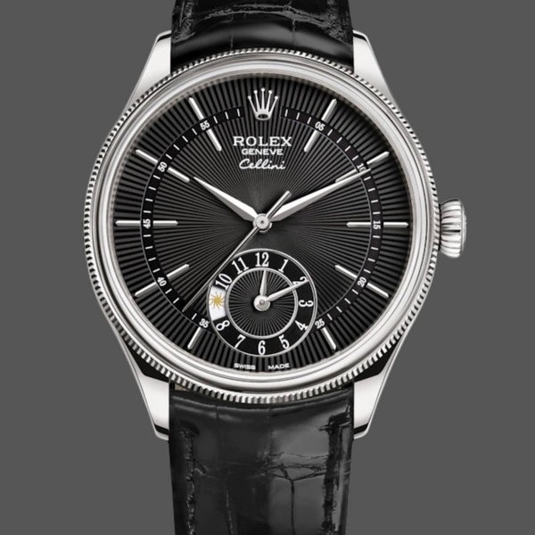Super Clone Men's Rolex Cellini Dual Time 39mm Men's-50529-Black Dial-White Gold Black