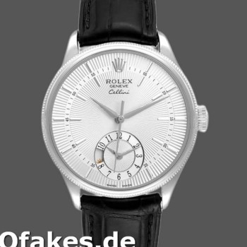 Super Clone Men's Rolex Cellini Dual Time 39mm Men's-50529-Silver Sunburst Dial-Black Leather Strap Silver