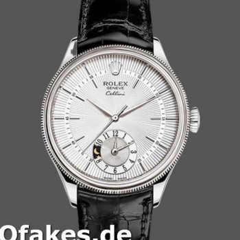 Super Clone Men's Rolex Cellini Dual Time 39mm Men's-50529-Silver Sunburst Dial-Brown Leather Strap Silver