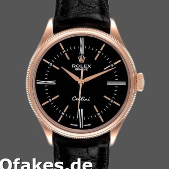 Super Clone Men's Rolex Cellini Time 39mm Men's-50505-Black Leather Strap-Black Dial Black