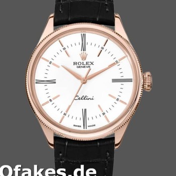 Super Clone Men's Rolex Cellini Time 39mm Men's-50505-Black Leather Strap-White Dial White