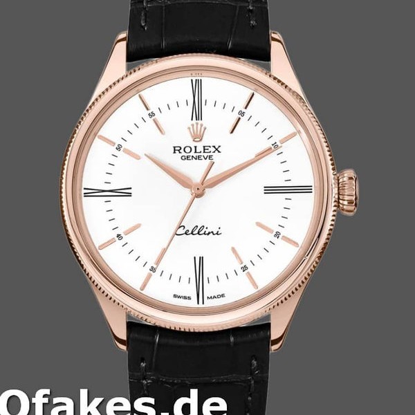 Super Clone Men's Rolex Cellini Time 39mm Men's-50505-Black Leather Strap-White Dial White