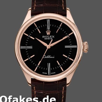 Super Clone Men's Rolex Cellini Time 39mm Men's-50505-Brown Leather Strap-Black Dial Black