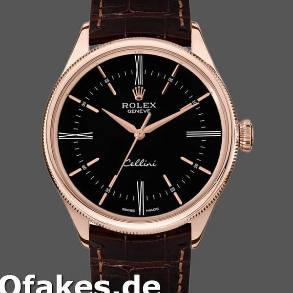 Super Clone Men's Rolex Cellini Time 39mm Men's-50505-Brown Leather Strap-Black Dial Black