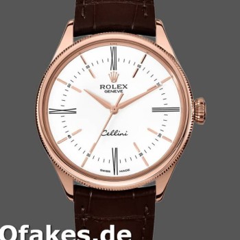 Super Clone Men's Rolex Cellini Time 39mm Men's-50505-Brown Leather Strap-White Dial White