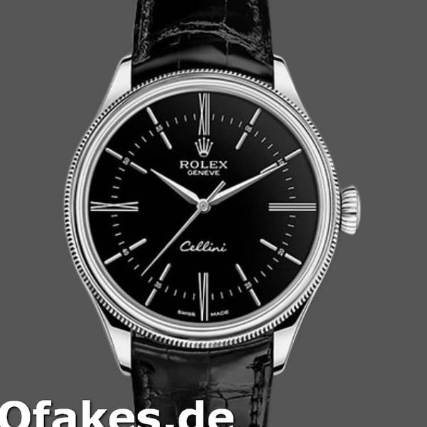 Super Clone Men's Rolex Cellini Time 39mm Men's-50509-Black Leather Strap-Black Dial Black