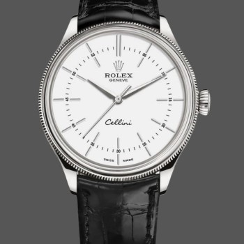 Super Clone Men's Rolex Cellini Time 39mm Men's-50509-Black Leather Strap-White Dial White