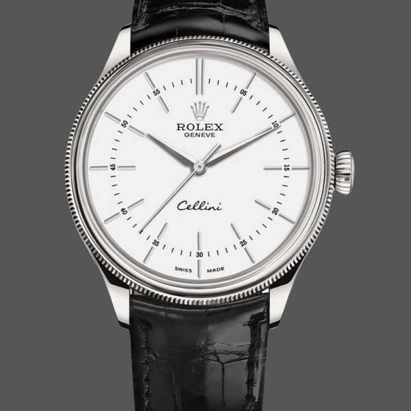 Super Clone Men's Rolex Cellini Time 39mm Men's-50509-Black Leather Strap-White Dial White