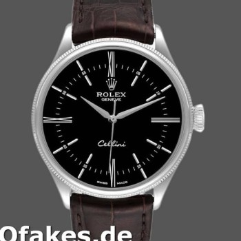 Super Clone Men's Rolex Cellini Time 39mm Men's-50509-Brown Leather Strap-Black Dial Black