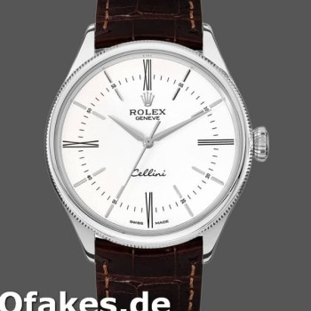 Super Clone Men's Rolex Cellini Time 39mm Men's-50509-Brown Leather Strap-White Dial White