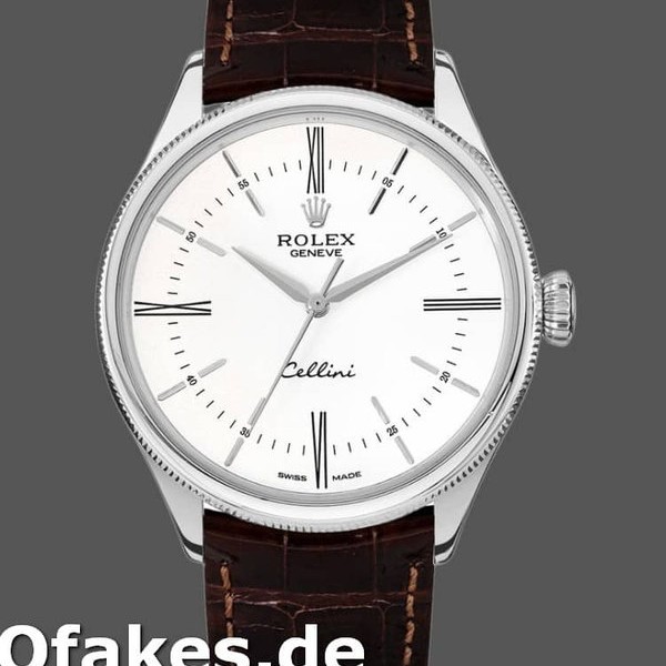 Super Clone Men's Rolex Cellini Time 39mm Men's-50509-Brown Leather Strap-White Dial White